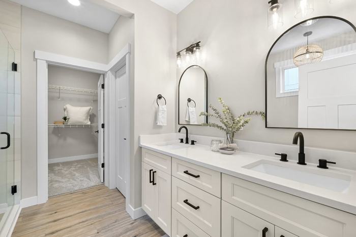Bath vanity with round mirrors