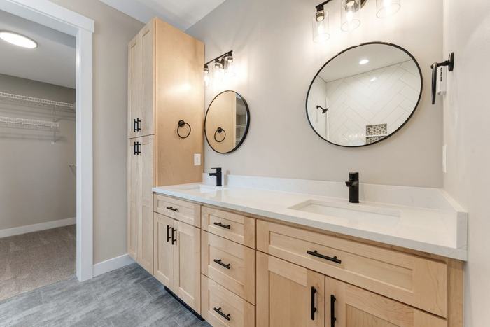 Wood vanity, double sinks