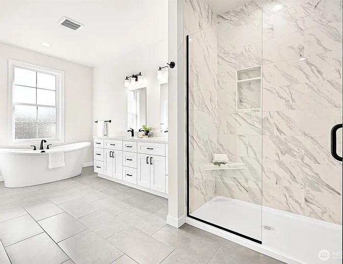 Large-format tile bath floor